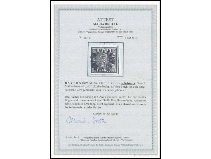 1 Kr. tiefschwarz, links unten kleine Stelle Randlinienschnitt, sonst breitrandig mit Zwischenlinien und rechts 1-2 mm breite
