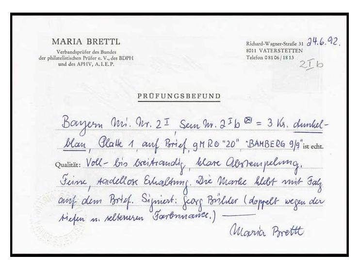 3 Kr. dunkelblau, voll- bis meist breitrandig mit zentrisch klarem 9 MR "20" auf Faltbrief von "BAMBERG 9/9" nach Nürnberg; d