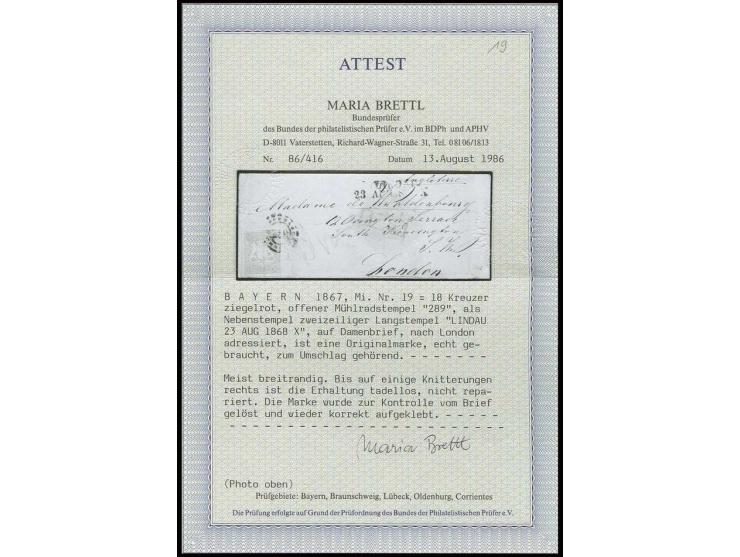 18 Kr. ziegelrot, voll- bis meist breitrandig mit oMR "289" auf kleinem Briefkuvert von "LINDAU 23 AUG. 1868" nach London; di