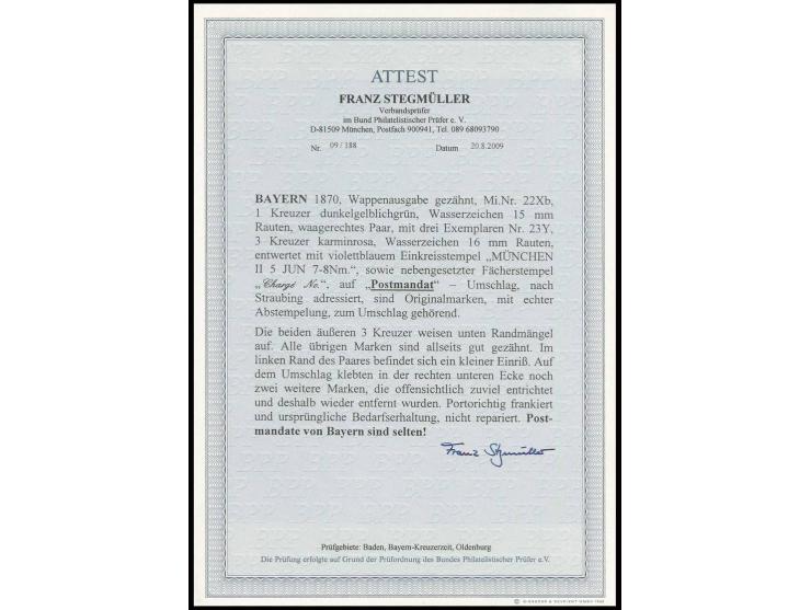1870, Wappen gezähnt, Wz. enge Rauten: 1 Kr. dunkelgelblichgrün im waagerechten Paar und 3 Einzelmarken 3 Kr. karminrosa mit 