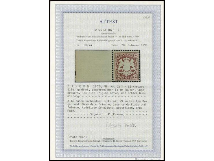 12 Kr. lila, linkes Randstück mit 29 mm Bogenrand, farbfrisch und einwandfrei gezähnt, postfrisch, Kabinett, sign. HK und Fot