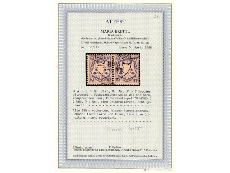 7 Kr. ultramarin im waagerechten Paar, sauber gestempelt, Kabinett, Fotoattest Brettl BPP (Mi. 1.500,-)
