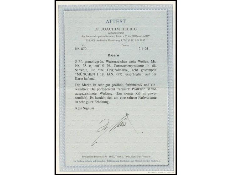 5 Pfg. grauolivgrün, farbfrisch und einwandfrei gezähnt als Zufrankatur auf Ganzsachenkarte 5 Pfg. von "MÜNCHEN 18 JAN." (187