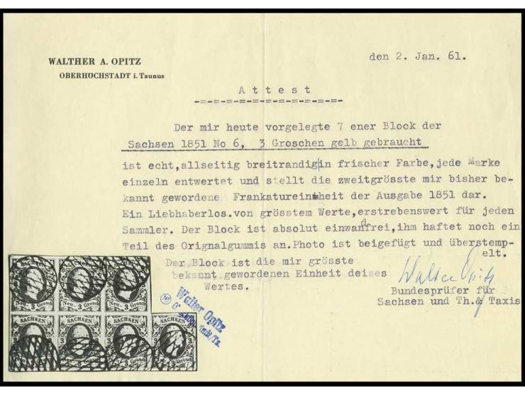 3 Neugroschen auf gelb, der einmalige 7er-Block, wundervoll farbfrisch und allseits breit gerandet, sehr schön und sauber ent