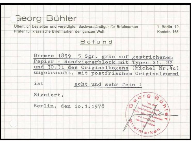 1859, 5 Sgr. grün auf gestrichenem Papier im 4er-Block vom unteren Bogenrand, postfrisch, sign. Georg Bühler mit Befund (1978