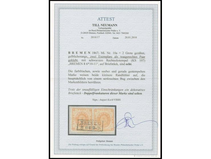 1866/67, gezähnt 2 Gr. orange, 2 Einzelwerte als Paar geklebt mit sauberem Ra2 "BREMEN 8 6" auf Briefstück; zwischen den Mark