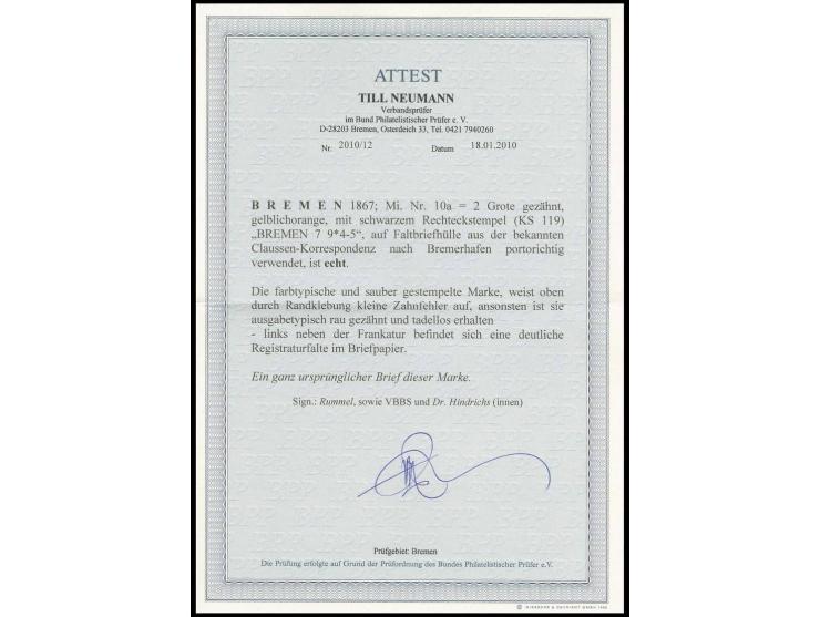 2 Gr. gelblichorange, farbfrisch mit sauberem Ra2 "BREMEN 7 9" auf Faltbriefhülle nach Bremerhaven mit Ankunftsstempel; durch