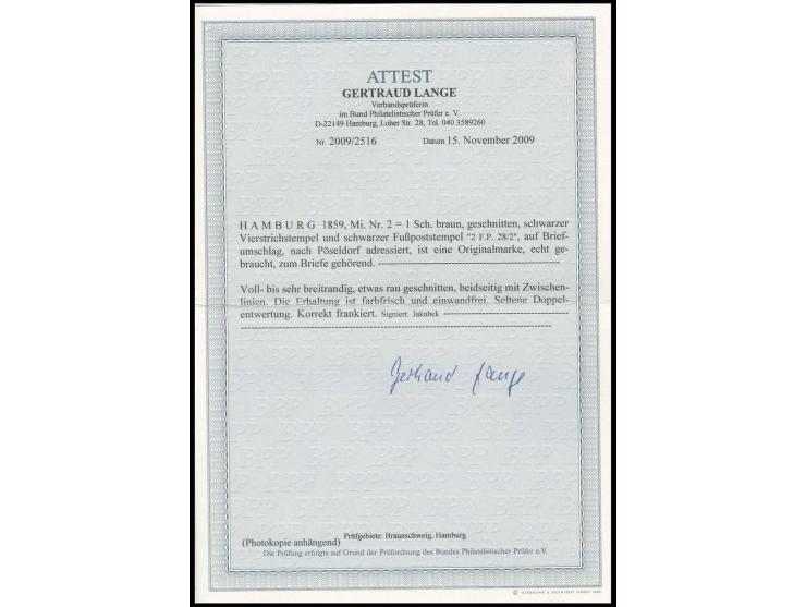 1 Sch. braun, voll- bis breitrandig mit seltener Doppelentwertung durch Strichstempel und schwarzen Fußpoststempel "2 F.P. 28