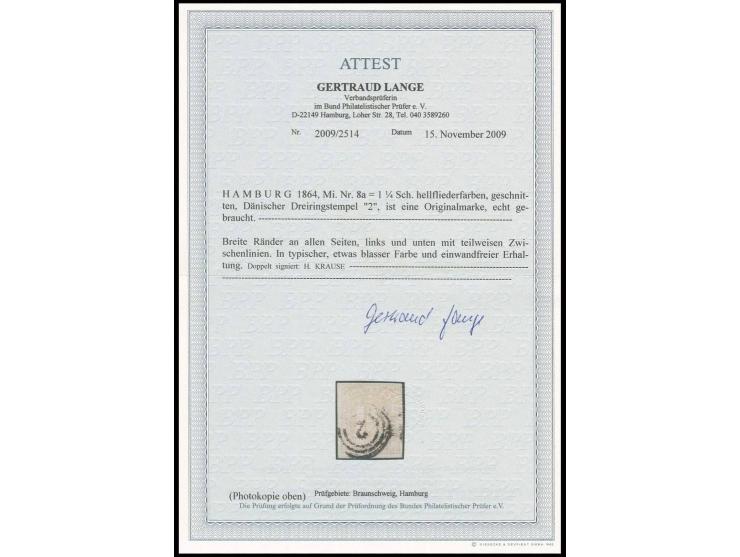 1864, 1¼ Sch. hellflieder in typischer, etwas blasser Farbe, voll- bis breitrandig mit sauber aufgesetzter Nr. "2", eine selt