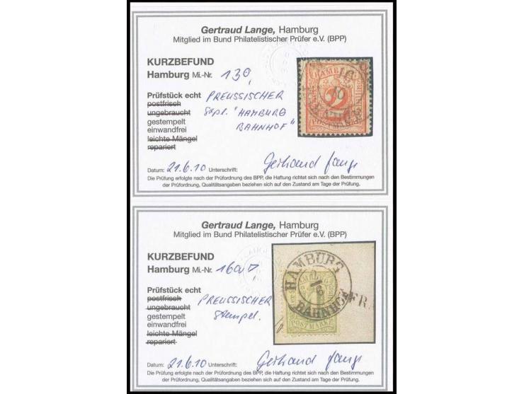 STEMPEL: "HAMBURG BAHNHOF", DKr. des preußischen Postamtes auf 2 Sch. rot sowie 4 Sch. auf Briefstück, Kabinett, je Kurzbefun
