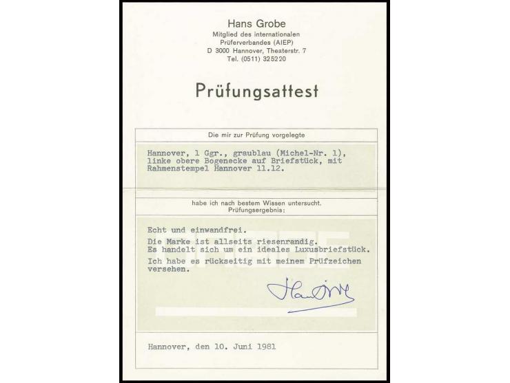 1 Ggr. auf blaugrau, breit- bis überrandige linke obere Bogenecke mit zentrischen Ra3 "HANNOVER 21 Sept. 11-12" auf Briefstüc