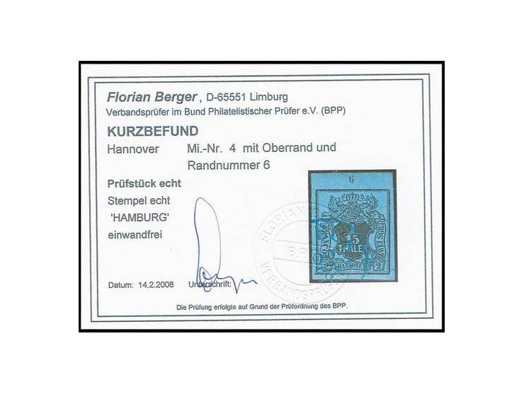 1/30 Th. auf lachsfarben, 1/15 Th. auf blau und 1/10 Th. auf gelb, alle voll- bis meist breitrandig vom oberen Bogenrand mit 
