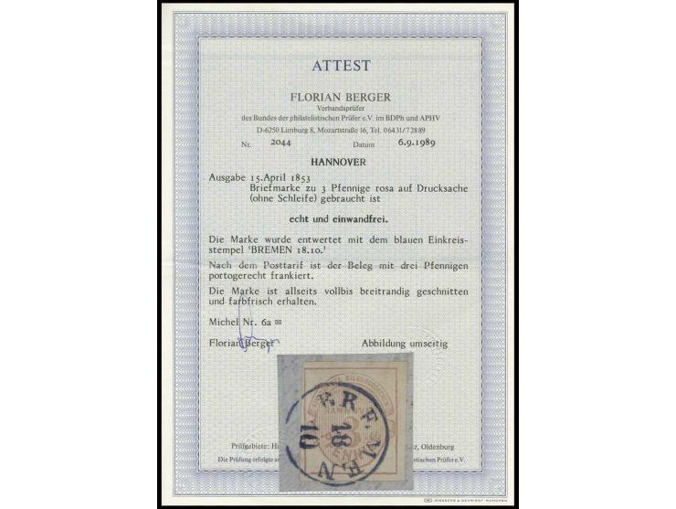 3 Pfg. rosa, voll- bis breitrandig mit glasklarem EKr. "BREMEN 18 10" auf Drucksache ohne Schleife, Kabinett, sign. Mirot und