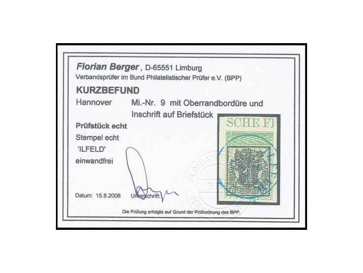 1 Ggr. schwarz, allseits breit- bis überrandiges Oberrandstück mit Randinschrift "SCHE F" mit glasklar aufgesetztem EKr. "ILF