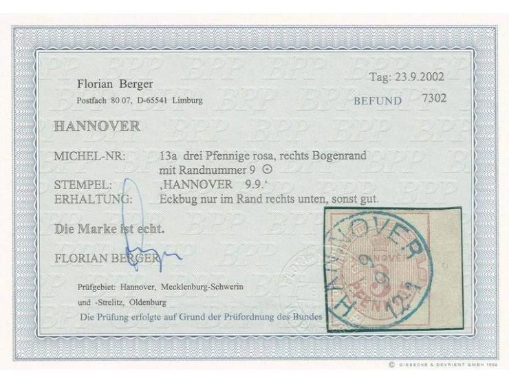 3 Pfg. rosa, voll- bis breitrandiges rechtes Randstück mit Reihenzähler "9", sauber zentrisch entwertet "HANNOVER 9/9"; klein