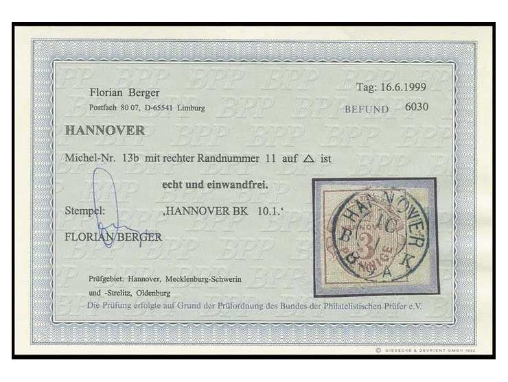 3 Pfg. karminrot, voll- bis überrandiges rechtes Randstück mit Reihenzähler "11", zentrisch sauber gestempelt "HANNOVER BK 10