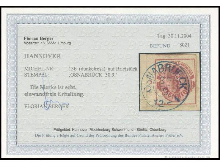 3 Pfg. dunkelrosa, voll- bis überrandig mit Teil der oberen Nebenmarke und linkem Bogenrand mit Reihenzähler "3" mit zentrisc