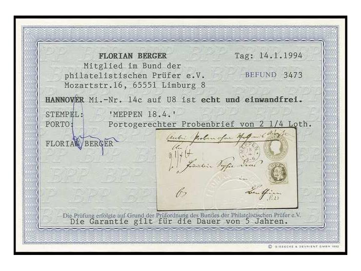 1 Gr. lilarot mit klarem DKr. "MEPPEN 18 4" als Zufrankatur auf Ganzsachenumschlag 1 Gr. rosa mit handschriftlichem Vermerk "