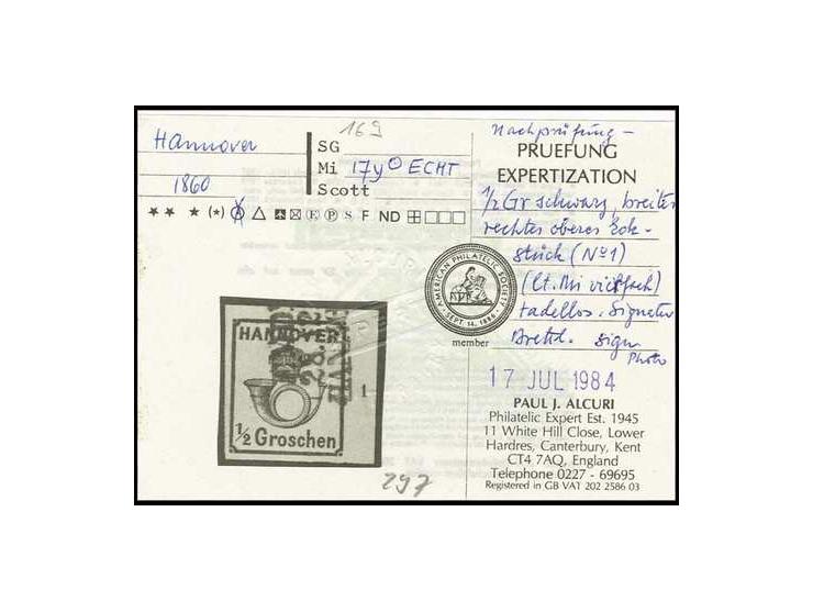 1860, Posthorn mit weißer Gummierung: ½ Gr. schwarz, breit- bis überrandige rechte obere Bogenecke mit Reihenzähler "1", saub
