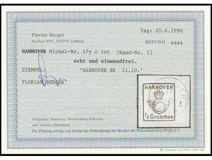 ½ Gr. schwarz, allseits breitrandiges rechtes Randstück mit Reihenzähler "1" mit sauberem DKr. von Hannover auf Briefstück, K