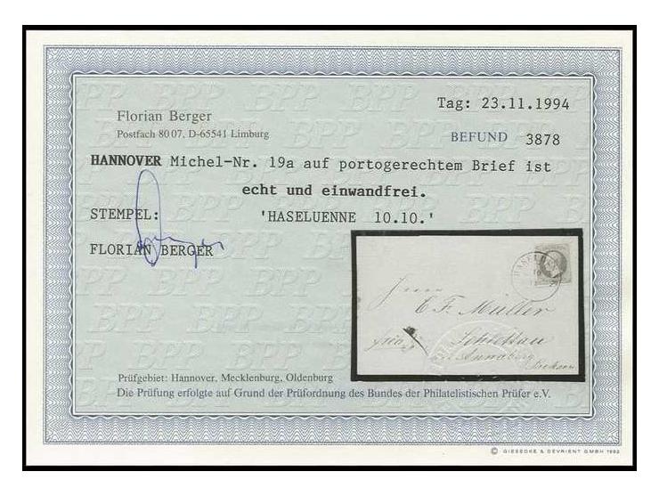 3 Gr. braun, voll- bis breitrandig mit klarem DKr. "HASELUENNE 10/10" auf Briefhülle nach Schlettau in Sachsen, Pracht, Fotob