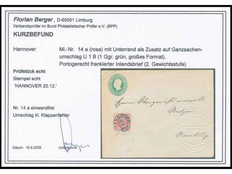 Umschlag 1 Ggr. grün im Großformat mit Zufrankatur Kopfausgabe 1 Gr. rosa, voll- bis meist überrandig vom unteren Bogenrand, 