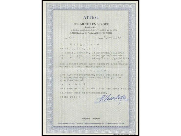 2 Sch. lilakarmin/dunkelgelblichgrün in Mischfrankatur mit gezähnter Ausgabe ½ Sch. grünoliv/karminrot und 1 Sch. karmin/gelb