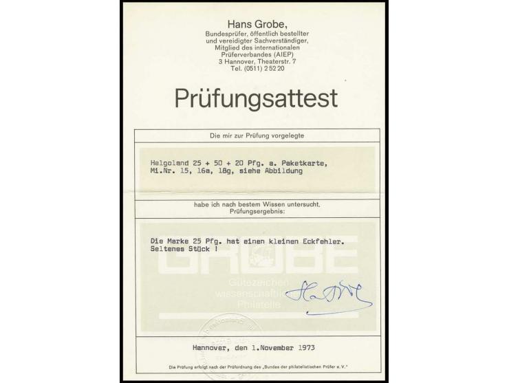 25 Pfg., 50 Pfg. grün/dunkellilakarmin und 20 Pfg. rötlichorange/hellgelb/hellgraugrün auf Paketkarte von "HELIGOLAND DE 24 8