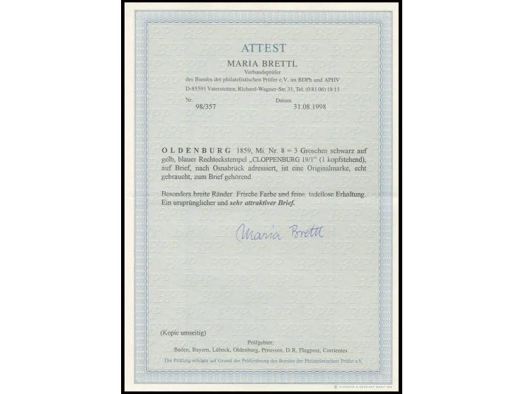 3 Gr. auf gelb, farbfrisch und allseits sehr breit- bis überrandig mit sauberem Ra2 "CLOPPENBURG 19/1" auf Briefhülle nach Os