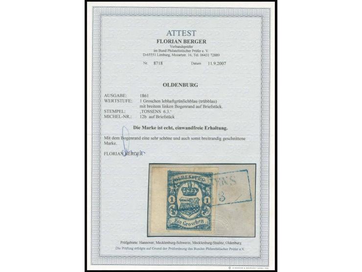 1 Gr. trübblau, allseits breitrandig, links mit 6 mm Bogenrand, mit sauberem Ra2 "TOSSENS 6/3" auf Briefstück, Kabinett, Foto