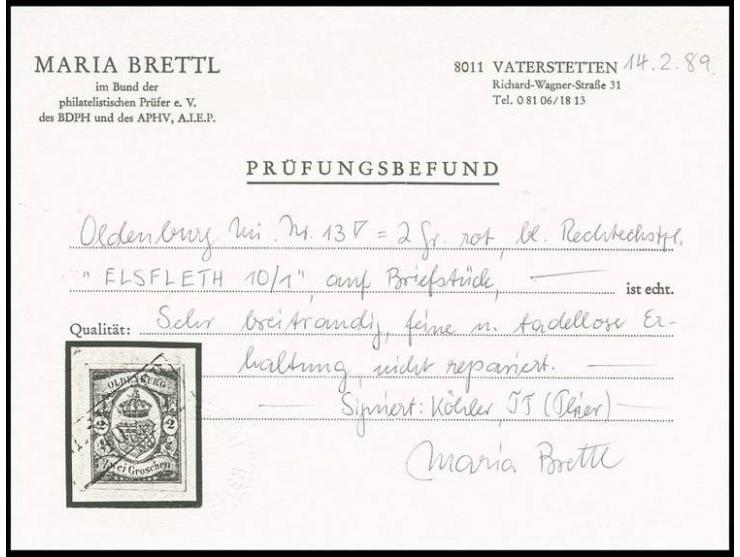 2 Gr. rotorange, allseits breitrandig mit blauem Ra2 "ELSFLETH 10/1" auf Briefstück, Kabinett, Altsignaturen, Befund Brettl B