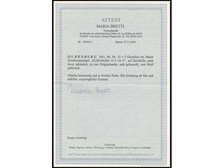 2 Gr. rot, sehr schön farbfrisch und allseits breit- bis überrandig mit klar aufgesetztem DKr. "OLDENBURG 14 9", zusätzlich n