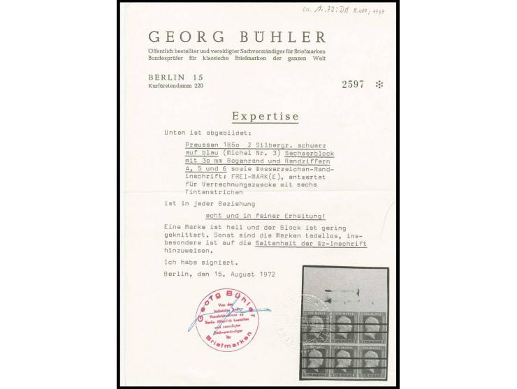 2 Sgr. auf blau im waagerechten 6er-Block mit Federzugentwertung, voll- bis breitrandig, oben mit 30 mm Bogenrand mit Reihenz