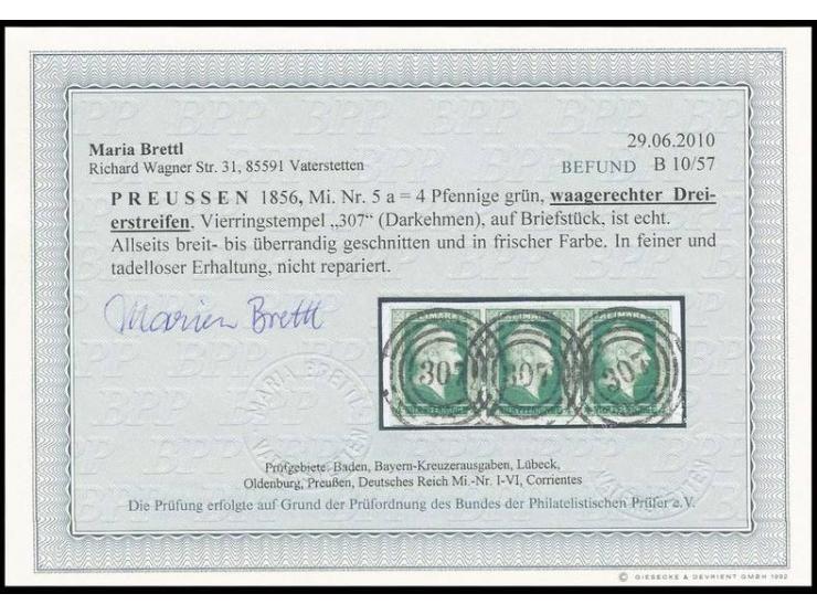 1856, 4 Pfg. grün im waagerechten 3er-Streifen, sehr schöne tiefe frische Farbe, allseits breit- bis überrandig, mit sauberer