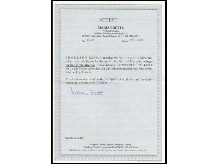 1858, Gittergrund: 4 Pfg. grün im waagerechten 3er-Streifen, allseits besonders breitrandig und farbfrisch, kleiner Vortrenns
