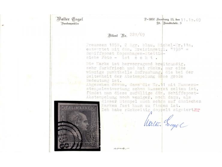 2 Sgr. blau, allseits breitrandig mit seltener Entwertung durch den raren dänischen Nummernstempel "198" der Schiffspost Kope