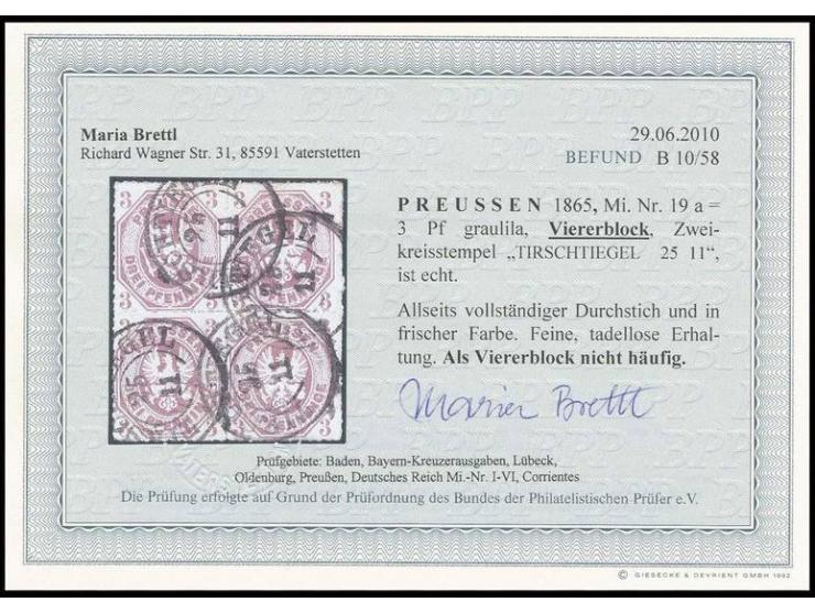 1865, 3 Pfg. graulila im 4er-Block, farbfrisch und tadellos durchstochen mit DKr. "TIRSCHTIEGEL 25/11", Pracht, Fotobefund Br