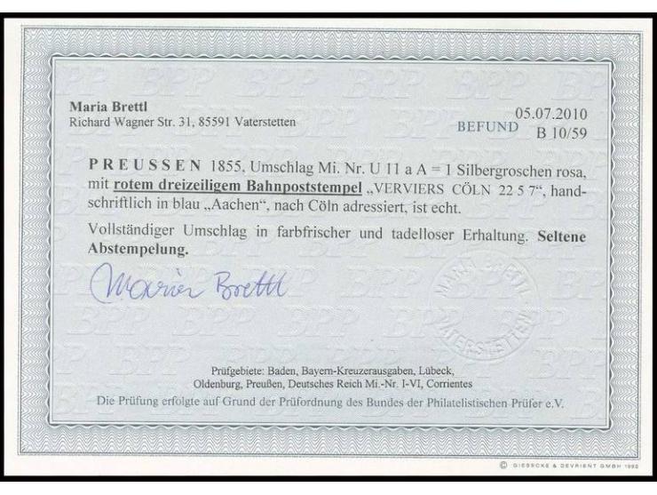 "Verviers / Cöln", Bahnpost-L3 in rot als Entwerter auf Ganzsachenumschlag 1 Sgr. rosa mit handschriftlichem Aufgabevermerk "