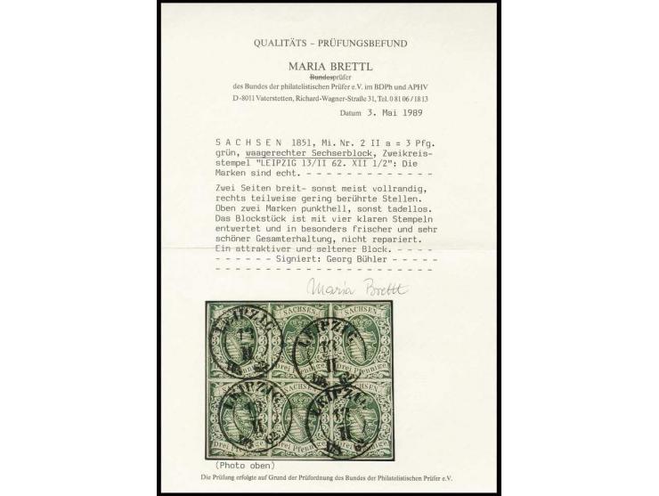 1851/63, Wappen, spätere Auflagen: 3 Pfg. saftiggrün im waagerechten 6er-Block, rechts leicht berührt, sonst voll- bis breitr