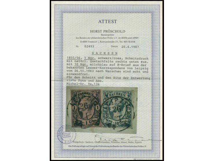 1856, Johann 10 Ngr. milchblau und 1 Ngr. auf rosa, beide voll- bis breitrandig, die 1 Ngr. unten rechts kleine Druckfalte, d
