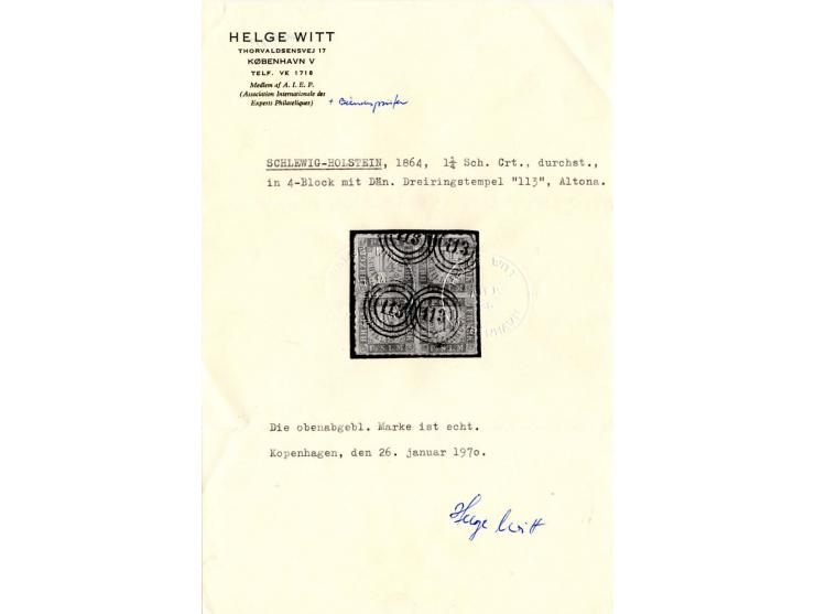 1¼ Sch. blau/weißrosa im 4er-Block, farbfrisch und einwandfrei durchstochen mit Nr. "113" ALTONA, Kabinett, sign. W. Engel un
