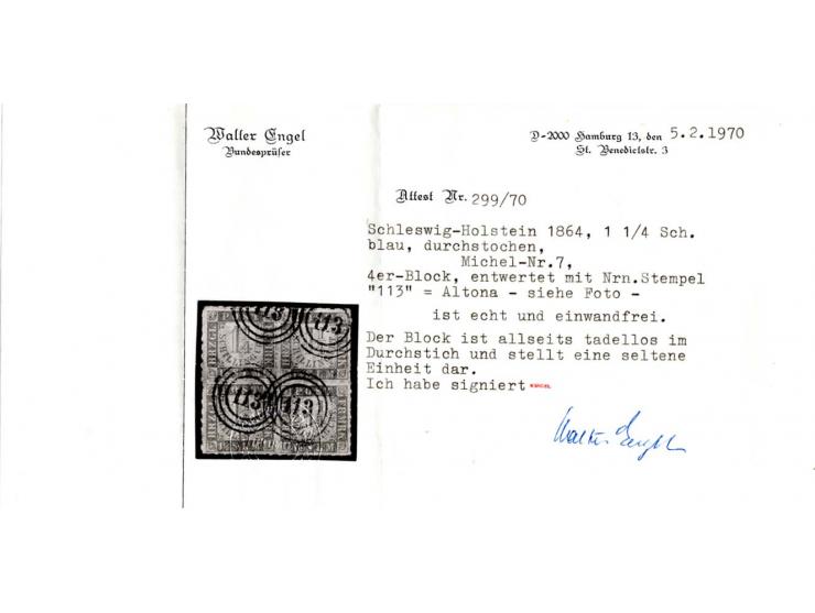 1¼ Sch. blau/weißrosa im 4er-Block, farbfrisch und einwandfrei durchstochen mit Nr. "113" ALTONA, Kabinett, sign. W. Engel un