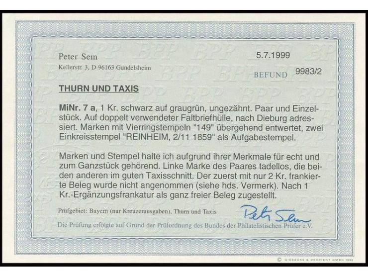 1852, 1 Kr. auf graugrün im waagerechten Paar und Einzelmarke mit Nummernstempel "149" auf Faltbriefhülle nach Dieburg, linke
