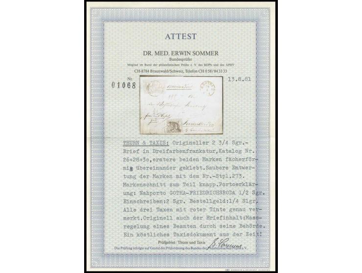 ¼ Sgr. schwarz, ½ Sgr. orange und 2 Sgr. blau mit Nummernstempel "273" und nebengesetztem DKr. "GOTHA 26 2" auf Faltbrief mit