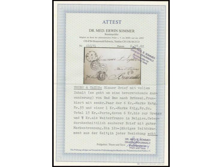 1 Kr. grün und 1862, 6 Kr. blau im senkrechten Paar mit Nummernstempel "175" und DKr. "BAD EMS 8 7" auf Brief nach Brüssel, 7