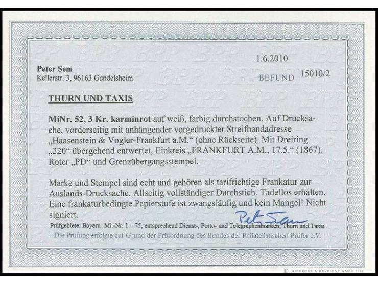 3 Kr. rosa, farbfrisch und einwandfrei durchstochen mit Nr. "220" auf vollständiger Drucksache mit aufgesiegelter Streifbanda