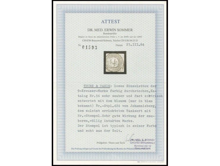 "424" JOHANNISBERG, blauer Stempel sehr sauber und fast zentrisch auf 9 Kr. braun, Pracht, Fotoattest Sommer BPP