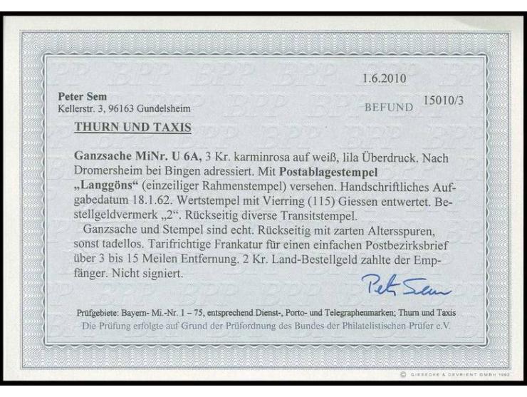 "LANGGÖNS", Postablage-Ra. mit handschriftlichem Datum "18 1 62" auf Ganzsachenumschlag 3 Kr. rosa, in Gießen entwertet mit N