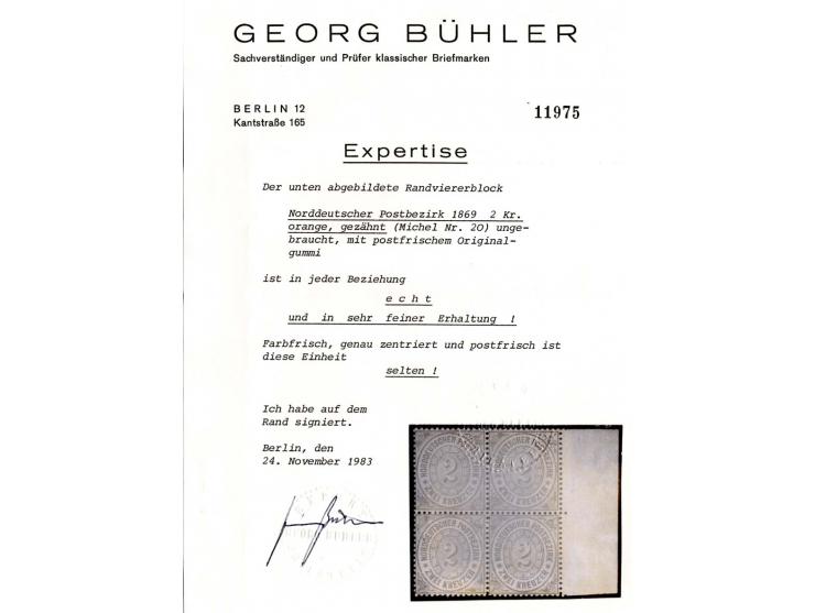 2 Kr. orange im 4er-Block vom rechten Bogenrand, postfrisch, Pracht, im Rand sign. Georg Bühler mit Fotoattest (1983)
