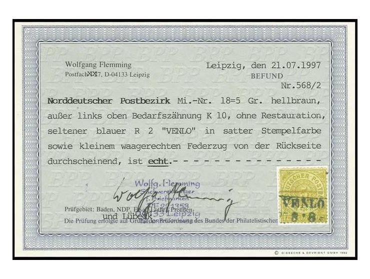 "VENLO 27.8", Ra2 in blau klar auf 5 Gr. hellbraun (oben links eckrund), waagerechter Federzug von der Rückseite durchscheine
